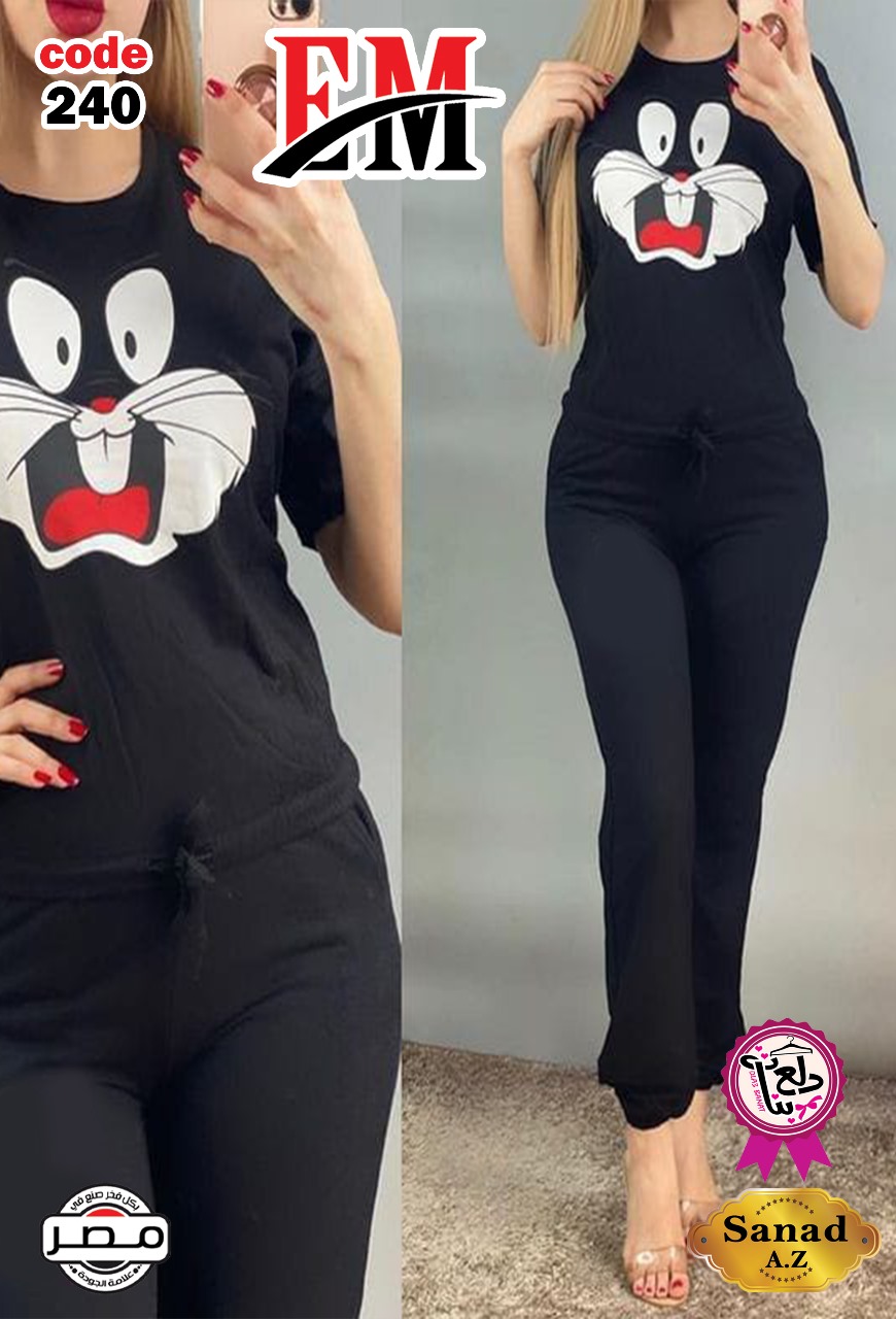 بيجامة حريمي نص كم برسمة ارنب - فري سايز