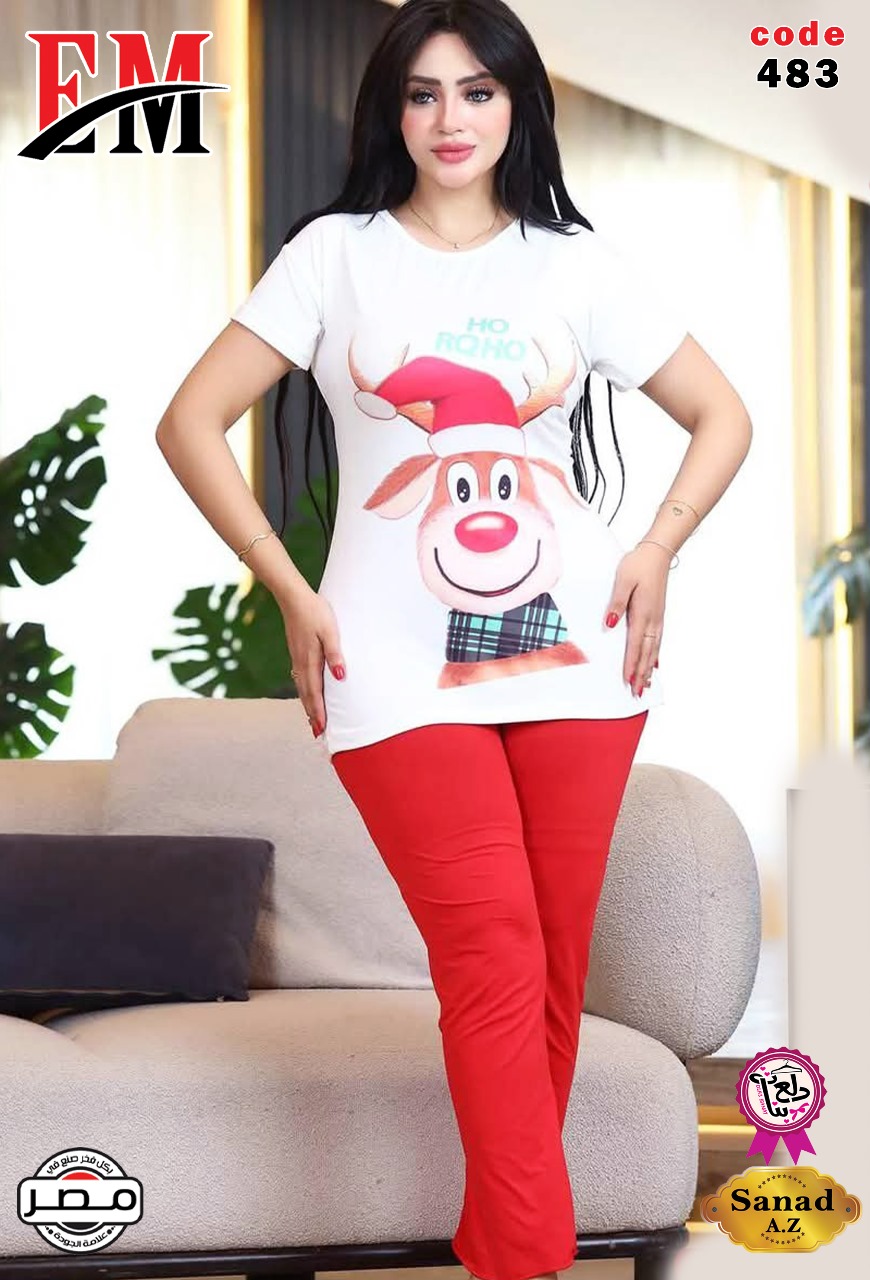 بيجامة حريمي قطن - نص كم أحمر